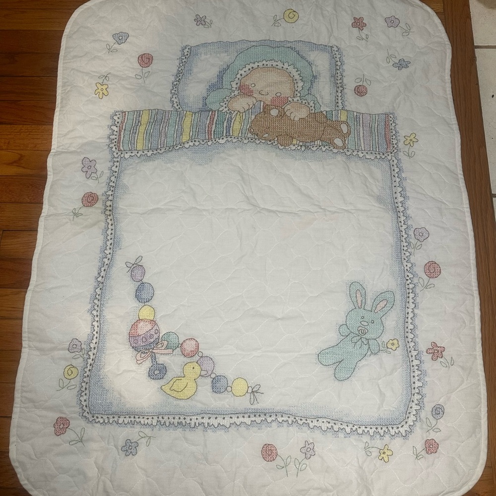 Embroidered Baby Crib Comforter Quilt White Bunny Bear